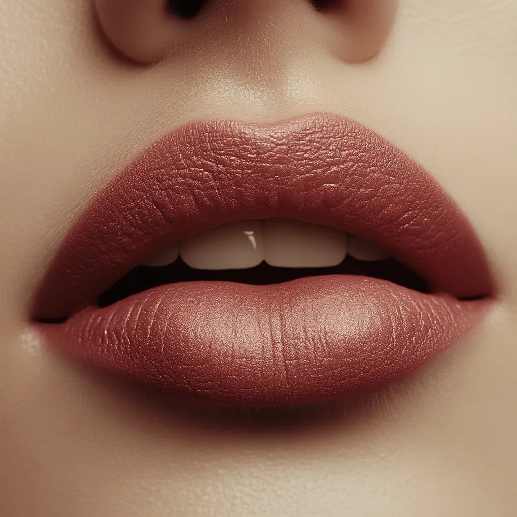 Close-up view of a woman's full lips, adorned with a matte, mauve-toned lipstick.  The lips are slightly parted, revealing even, white teeth. The skin surrounding the lips is smooth and appears naturally toned.  The focus is sharply on the lips, creating a soft, almost velvety texture in the image. The overall impression is one of beauty and well-defined features.