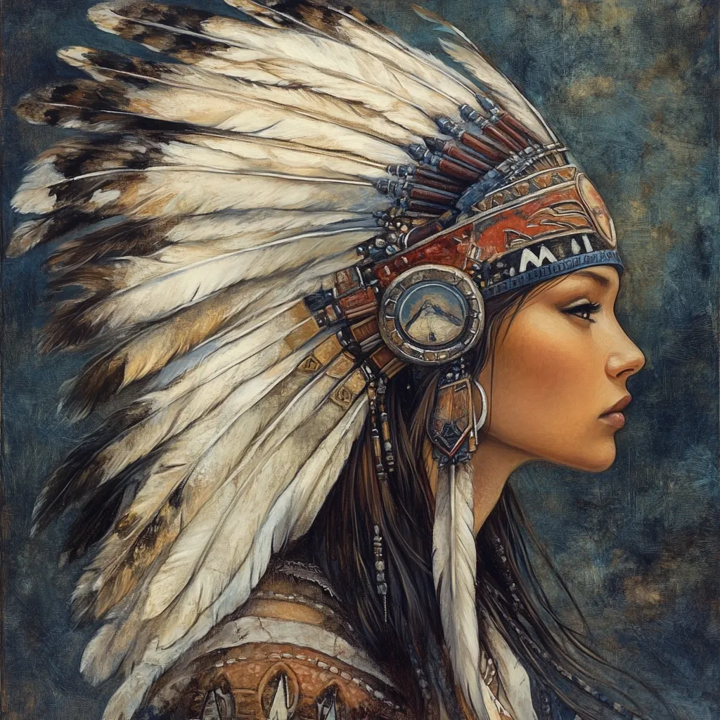 The painting depicts a Native American woman in profile, her face serene and contemplative.  She wears a magnificent headdress of intricately detailed feathers, predominantly white and brown,  adorned with beads and metallic accents.  The headdress frames her dark hair, which cascades down her back.  The background is a textured, muted blue-green, providing a stark contrast to the vibrant colors of the headdress and the woman's complexion. The style suggests a blend of realism and romanticism, emphasizing both the detail of the attire and the woman's expressive features.