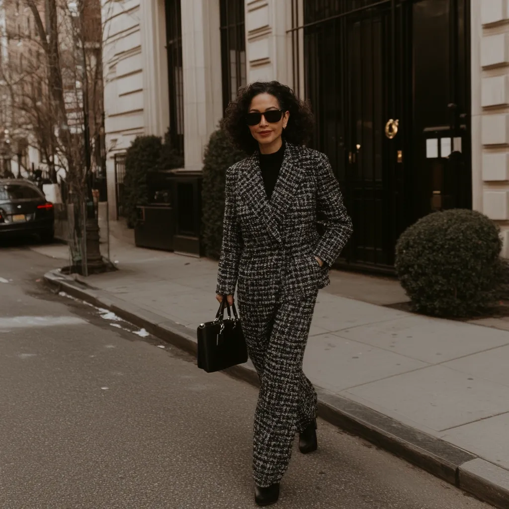A stylish woman strides down a city street, her black and white tweed pantsuit sharp against the muted urban backdrop.  She carries a structured black handbag, her dark sunglasses adding a touch of mystery. The architecture suggests an upscale neighborhood, possibly New York City. The overall mood is one of sophisticated confidence and effortless chic.