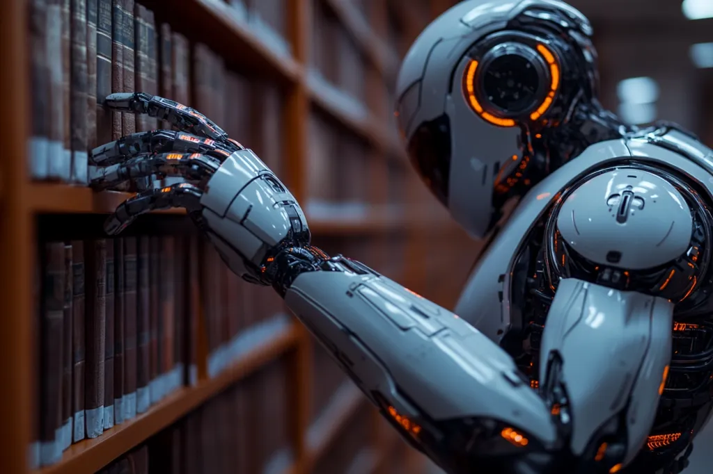 Here's a description of the image:

The image shows a close-up of a futuristic, white robot's arm reaching into a bookshelf filled with aged books. The robot's design is sleek and detailed, with visible mechanical components and orange glowing accents. Its hand delicately selects a book, emphasizing the contrast between advanced technology and traditional knowledge. The bookshelves are dark wood, providing a warm backdrop to the robotic arm’s cold, metallic gleam. The overall ambiance is one of intrigue, suggesting a blend of the past and the future.