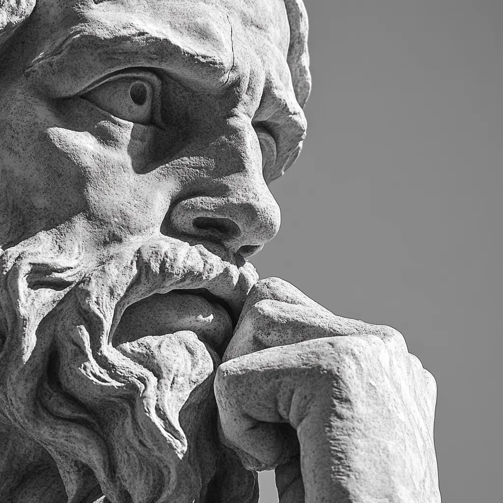 Close-up of a weathered, classical stone sculpture depicting an older man in deep thought. His face is etched with lines of age and contemplation; his hand rests under his chin, fingers intertwined, suggesting profound reflection. The detail in the beard and the texture of the stone are highly visible, emphasizing the age and gravitas of the figure. The background is a simple, unblemished sky, drawing all attention to the statue's expressive features. The monochrome palette enhances the somber, contemplative mood.
