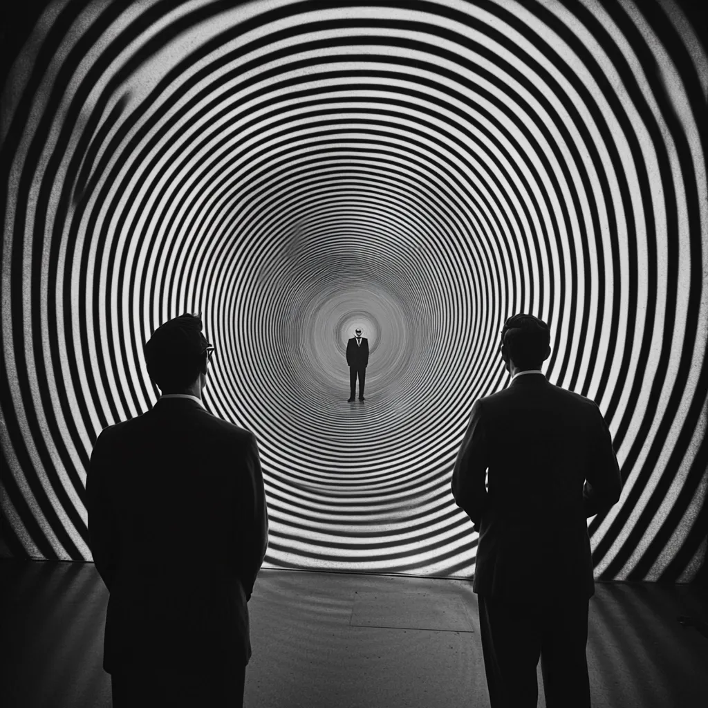 A black and white photograph depicts two men in suits standing before a large, swirling hypnotic spiral projected onto a wall. The spiral creates a tunnel-like effect leading to a single figure in a suit standing in its center. The image has a stark, dramatic, and slightly unsettling mood, suggestive of a psychological or surreal context. The contrast between the figures and the background is striking.