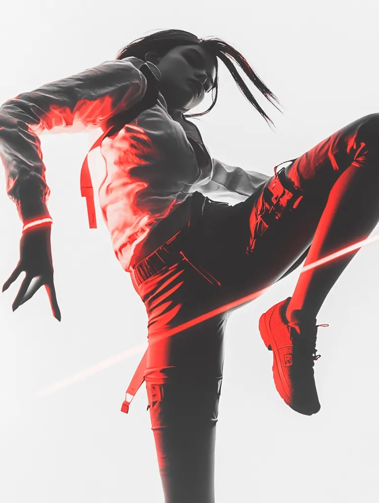 Here's a description of the image:

The image is a dynamic, stylized portrait of a young woman in athletic attire, possibly a cosplay or video game character.  She is captured mid-leap, her leg extended high, suggesting intense action or movement. Her clothing is dark, with red highlights creating a dramatic contrast against a mostly white background. A red laser-like beam streaks across the frame, intersecting her body and adding to the futuristic or sci-fi aesthetic. The overall tone is bold and high-energy, with a focus on sharp lines and a striking color scheme. The woman's expression is serious and determined.
