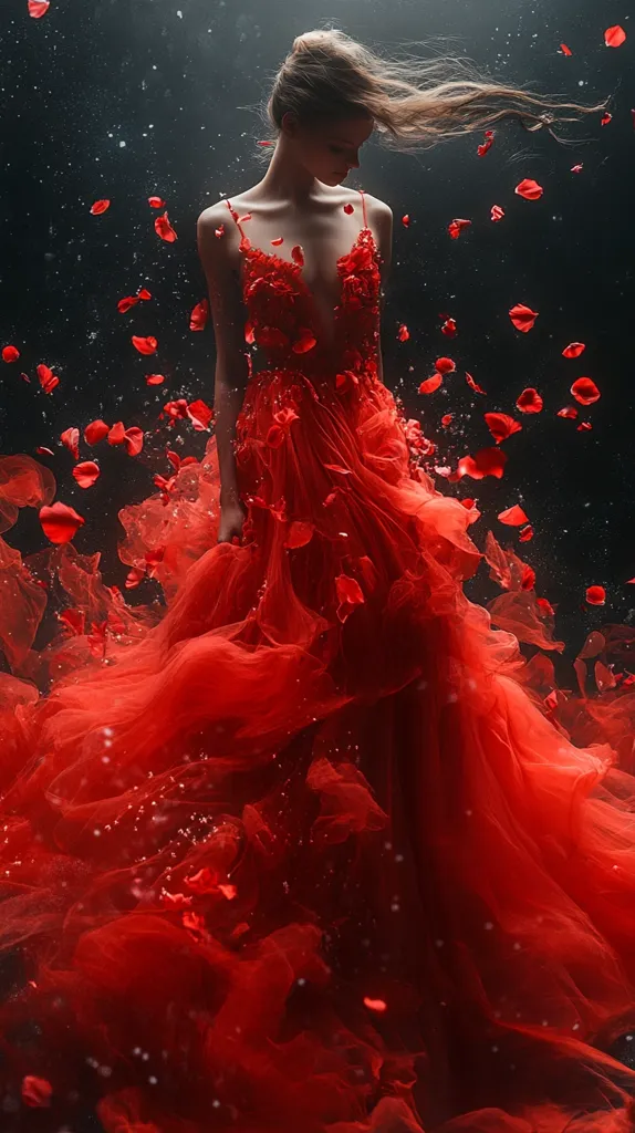A young woman in a flowing crimson gown stands against a dark background, surrounded by falling rose petals.  The dress is voluminous and sheer, creating a dramatic effect.  Her long hair streams behind her, adding to the ethereal quality of the image.  The overall mood is romantic and slightly melancholic, with the red dress and petals contrasting sharply against the black backdrop.  The scene evokes a sense of dreamy movement and delicate beauty.