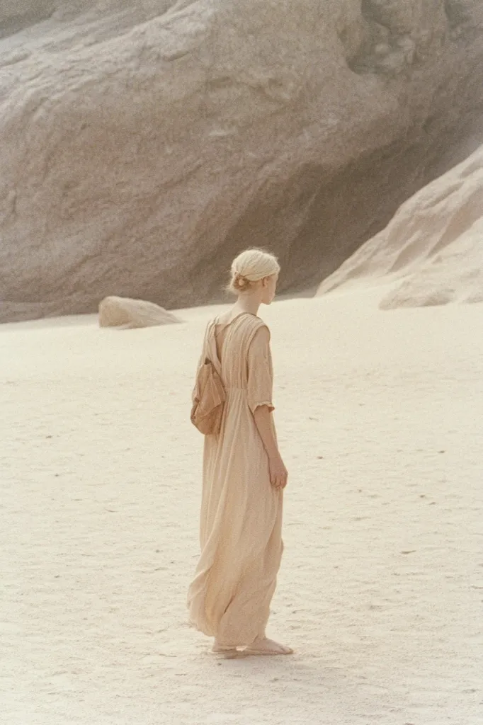 A lone woman, clad in a flowing, light beige maxi dress, stands on a pale sand beach.  Her blonde hair is pulled back, and she carries a small brown satchel.  A large, textured rock formation looms in the background, creating a stark yet serene landscape. The overall tone of the image is soft, muted, and peaceful, evoking a sense of solitude and contemplation.  The sand appears smooth and undisturbed, reflecting the soft light.