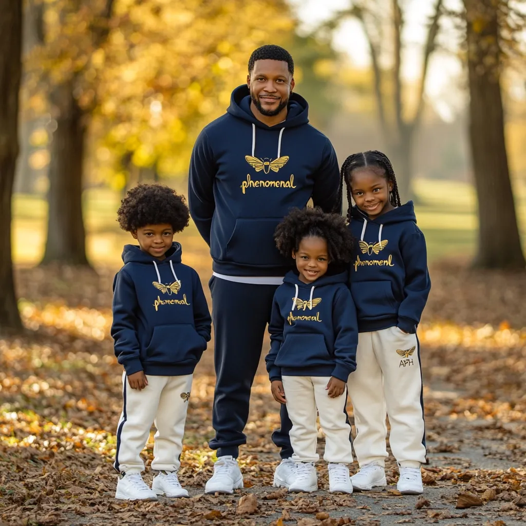 A Black father and his three children pose for a family portrait in an autumnal park setting. They are all wearing matching navy blue hoodies and cream-colored sweatpants, each hoodie adorned with a gold \
