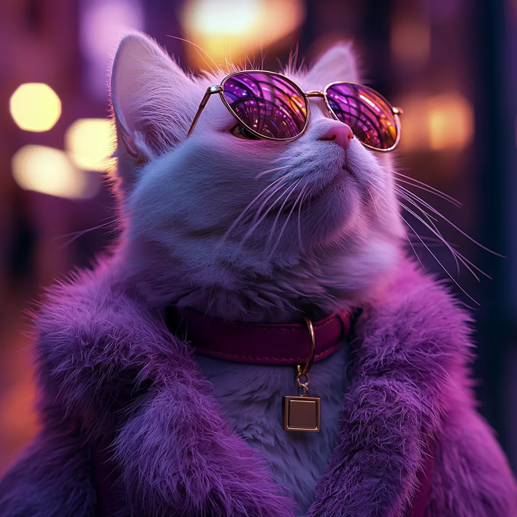 A white cat, sporting round gold-rimmed sunglasses, is the focus of this digitally enhanced image.  The cat is adorned with a vibrant purple fur coat and a matching pink collar featuring a gold square pendant. Its gaze is directed upward, suggesting a sense of cool confidence. The background is a soft blur of purple and orange hues, typical of a city nightscape. The overall aesthetic is sophisticated and playful, blending elements of fashion and fantasy.