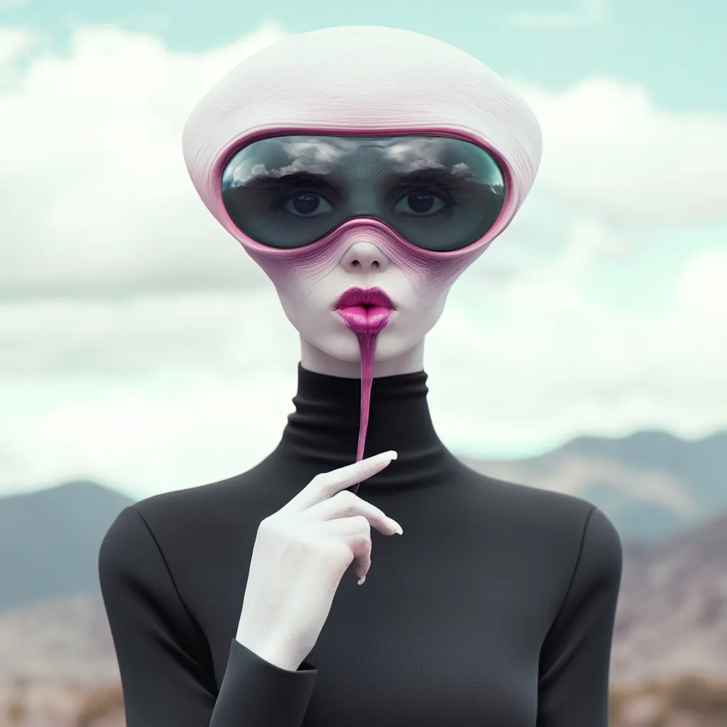 Here's a description of the image:

The image portrays a stylized alien figure, seemingly female, with pale, smooth skin and an oversized, helmet-like headpiece.  The headgear is pinkish-white, incorporating large, mirrored goggles that reflect a cloudy sky.  A long, thin, pink substance extends from her lips, which she delicately holds with a finger.  She's dressed in a sleek, black turtleneck bodysuit. The background shows a muted, desert-like landscape under a cloudy sky, suggesting an extraterrestrial or science fiction setting. The overall aesthetic is both surreal and elegant.