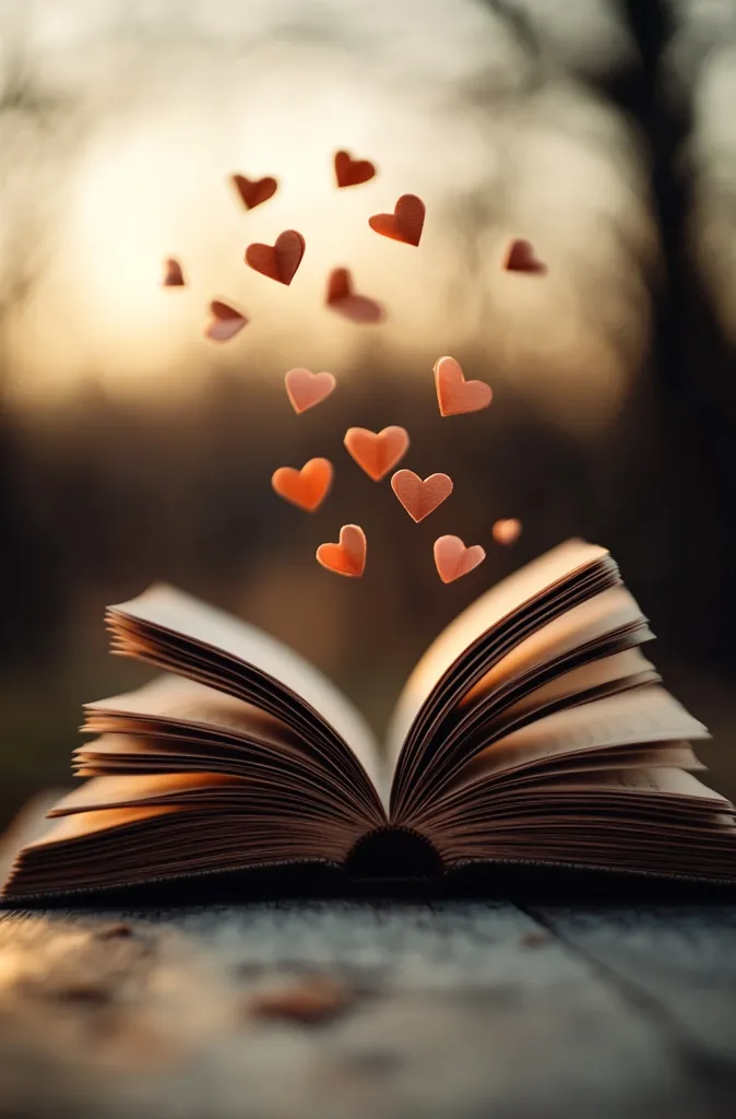 Here's a description of the image:

The photograph showcases an open book resting on a dark wooden surface, bathed in the warm glow of a setting sun.  Numerous small, heart-shaped objects, seemingly made of paper or a similar material, float above the book, emanating from its open pages. The hearts appear reddish-brown, softly lit by the ambient light. The background is blurred, suggesting an outdoor setting with trees and a hazy sky. The overall mood is romantic, serene, and evocative of love, stories, and the magic of reading.