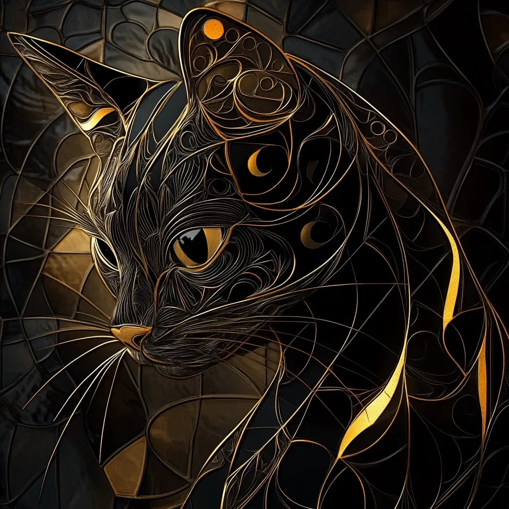 Here's a description of the image:

The image is a stylized portrait of a black cat, rendered in a style reminiscent of stained glass or intricate metalwork.  The cat's form is outlined in bold, gold-toned lines that create elaborate swirling patterns across its body, ears, and face.  The background is a dark, shadowy mosaic of similar tones, enhancing the cat's presence.  The cat's eyes are a striking golden amber, adding a touch of warmth to the overall dark, luxurious aesthetic. The overall effect is elegant, mysterious, and artistic.