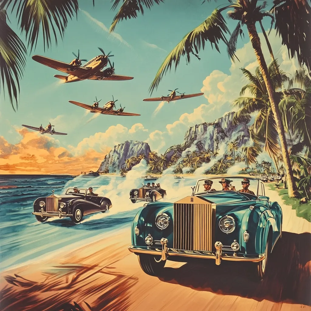 Here's a description of the image:

A vibrant vintage illustration depicts a tropical beach scene with several vintage Rolls Royce cars driving along the shore.  Four airplanes, reminiscent of World War II-era aircraft, fly overhead against a partly cloudy sky. Palm trees line the beach, framing a dramatic, mountainous backdrop.  The cars carry uniformed passengers, suggesting a military or high-ranking official's entourage.  The overall style is reminiscent of mid-20th-century travel posters, evoking a sense of luxury, adventure, and perhaps post-war optimism. The ocean is a tranquil blue-green, complementing the warm sunset hues in the sky.