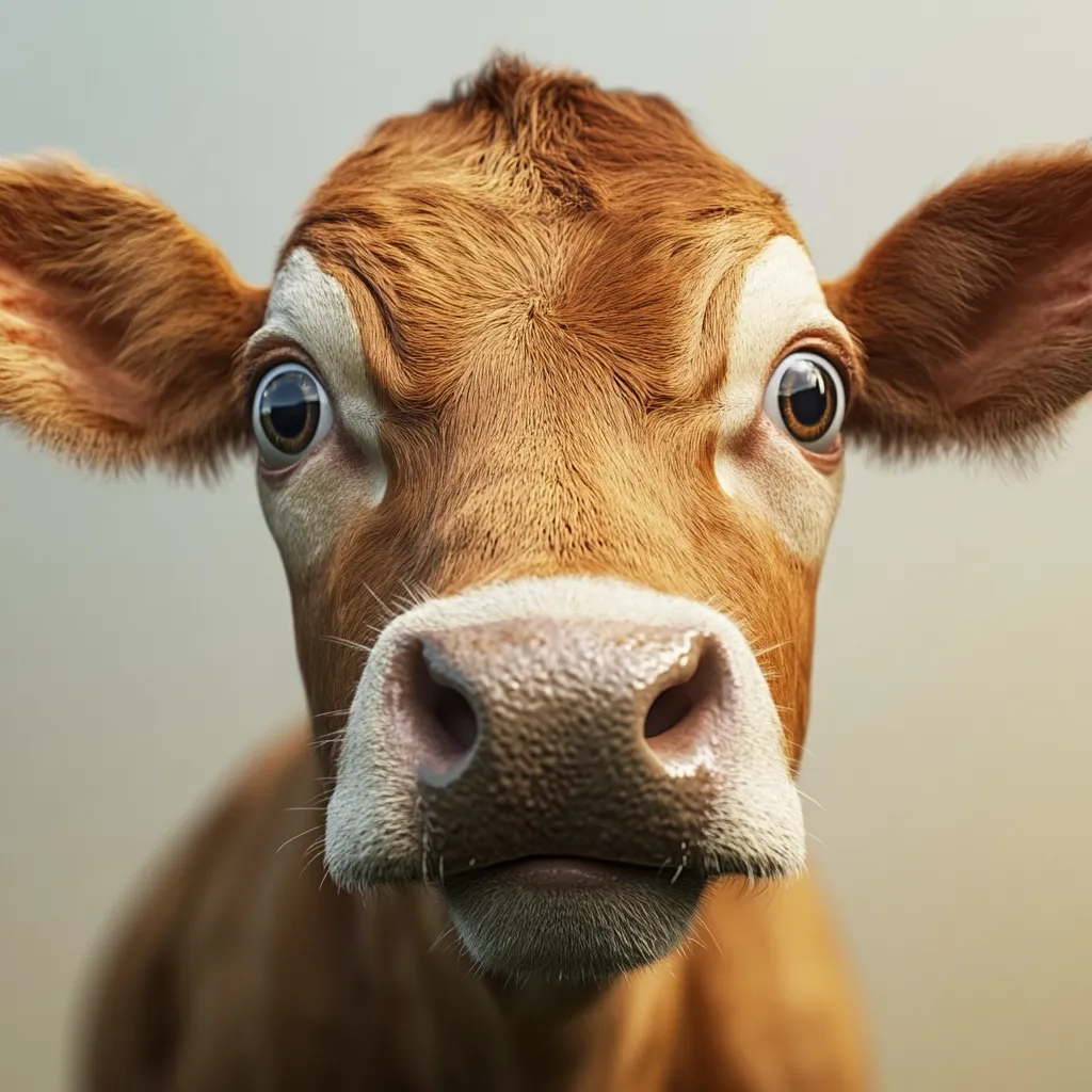 Here's a description of the image:

Close-up view of a brown cow's face. Its large, expressive eyes are wide and slightly startled-looking. The cow's nose is prominent and wet-looking, with a light-colored patch around its nostrils. The fur is short and appears soft, a rich reddish-brown color. The cow's ears are large and gently turned outward, framing its face. The background is a muted, out-of-focus light beige, drawing all attention to the cow's features. The overall impression is one of gentle curiosity or surprise.