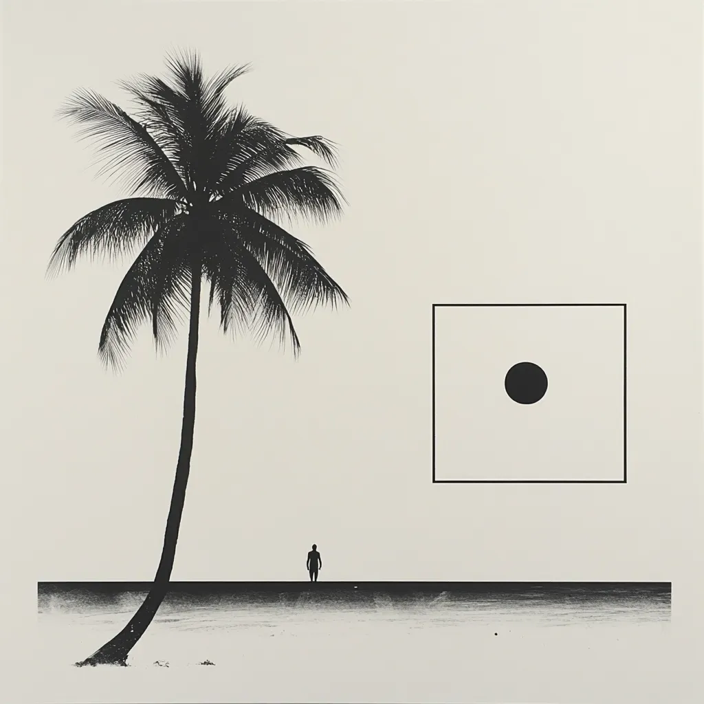 The monochromatic image presents a minimalist beach scene.  A lone palm tree stands prominently on a flat, sandy shore, beside a small, silhouetted figure. In the upper right, a stark black circle is centered within a square frame, creating a sense of contrast and intrigue. The overall aesthetic is serene yet slightly unsettling, suggesting isolation or contemplation.  The simplicity of the composition emphasizes the stark elements within the composition.