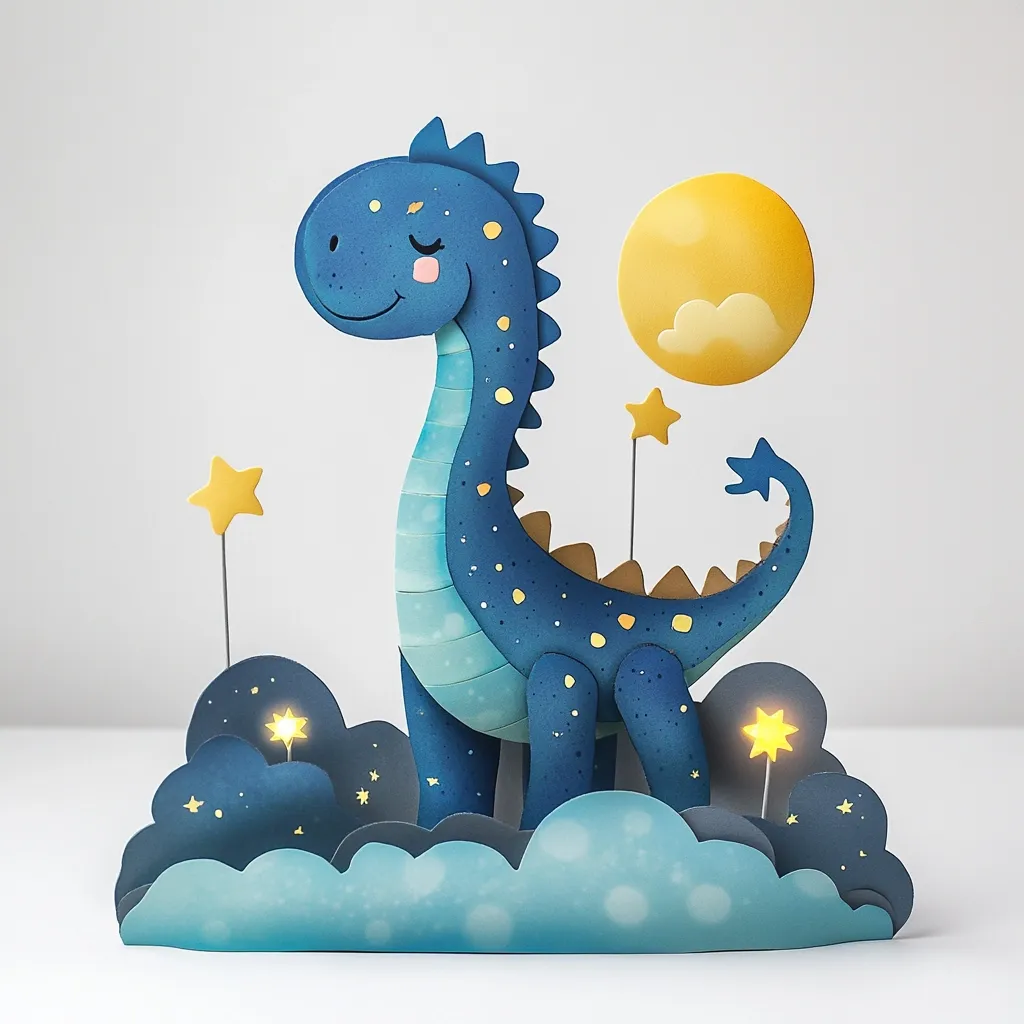 Here's a description of the image:

The image shows a charming, whimsical papercraft creation. A blue dinosaur, adorned with gold speckles and a gentle expression, stands amidst stylized clouds. Small gold stars and glowing lights are scattered around the base. A yellow sun-like circle is positioned behind the dinosaur, adding to the dreamy, nighttime scene. The overall style is cute and childlike, suitable for a nursery or children's room decor. The texture of the paper is subtly visible, suggesting a layered design.