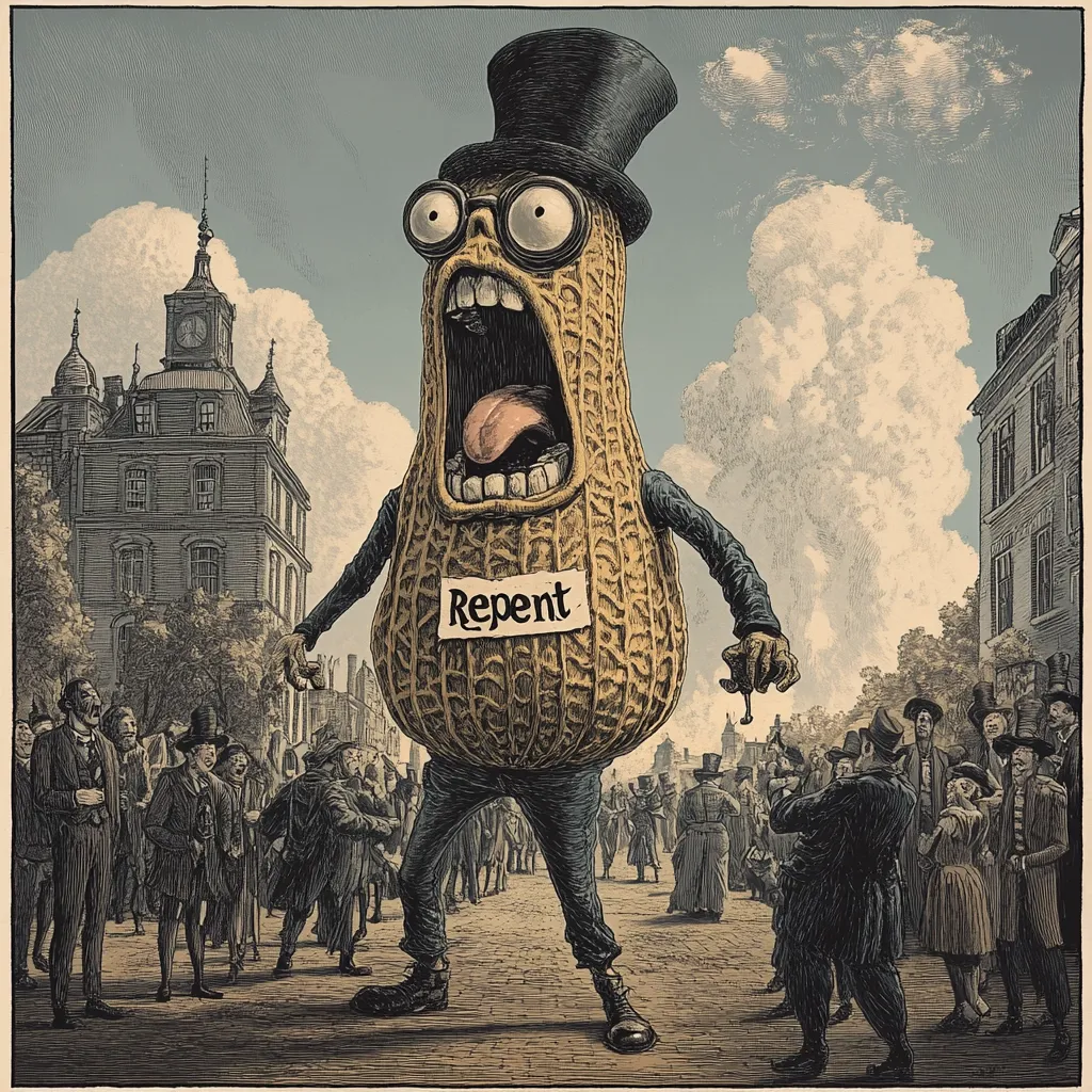 A giant anthropomorphic peanut, wearing a top hat and spectacles, dominates a 19th-century-style street scene.  Its mouth is agape, tongue extended, and it holds a sign reading "Repent."  A crowd of onlookers, dressed in period clothing, gazes up at the imposing figure with a mix of awe and apprehension.  The setting includes a stately building with a clock tower, suggesting a town square. The overall style is reminiscent of vintage woodcuts or engravings, with a sepia tone and highly detailed textures.