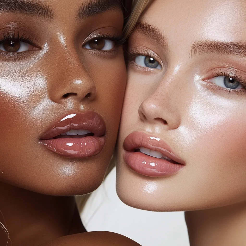 Close-up shot of two women's faces, juxtaposed.  One woman has rich, dark brown skin, while the other has fair skin. Both have a dewy, glossy complexion and wear similar nude-toned lip gloss.  Their eyes are subtly made up, emphasizing their natural features. The overall effect is one of beauty and contrast in skin tones.
