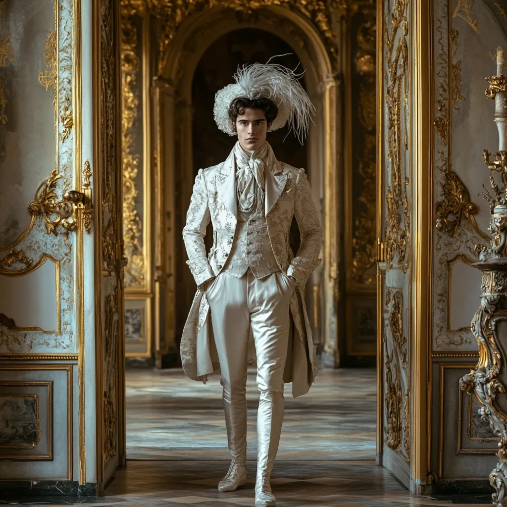 A young man, elegantly dressed in a cream-colored, ornate Rococo-style suit, stands in a grand, opulent hallway.  His attire features a long coat, breeches, and a feathered hat. The setting is lavish, with gilded detailing on the walls and doors, suggesting a palace or stately home. The overall impression is one of refined elegance and historical grandeur.  He appears poised and confident, his posture suggesting a regal bearing.