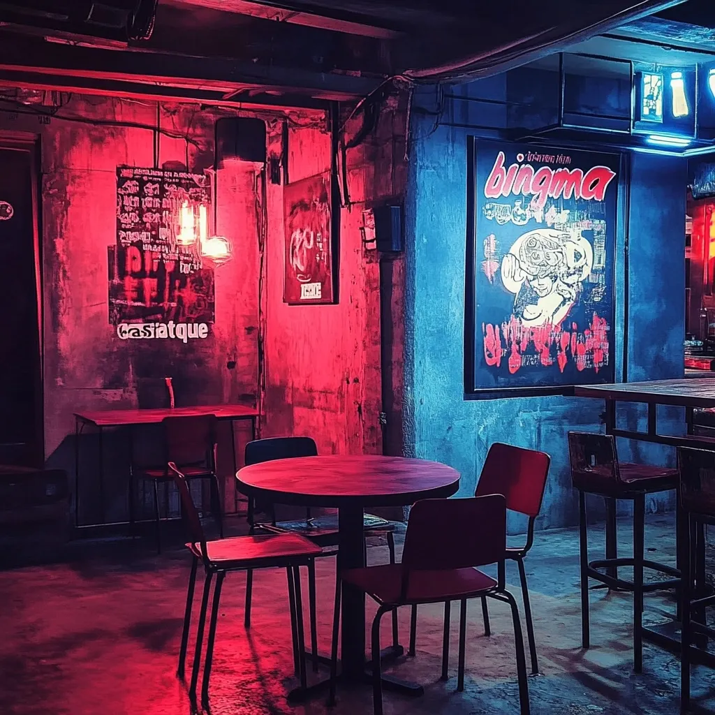 Here's a description of the image:

The photograph showcases a dimly lit, stylish bar or restaurant interior bathed in contrasting red and blue neon lighting.  The walls, textured and seemingly aged, are adorned with various posters and artwork, adding to the ambiance. Dark wooden tables and chairs are scattered around the space, creating intimate seating areas. A central table is the focal point, surrounded by four chairs. The overall mood is evocative of a trendy, perhaps underground, establishment with a vintage aesthetic.  The lighting creates a dramatic and vibrant atmosphere.