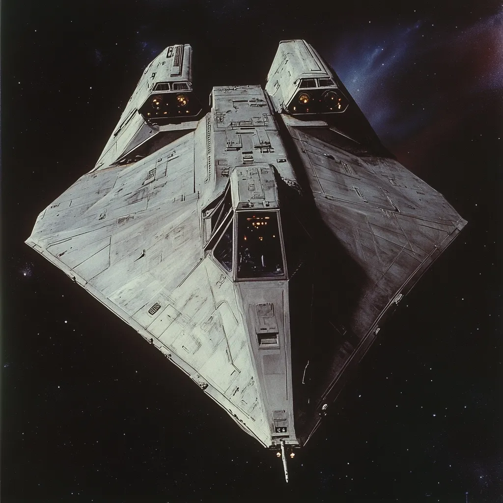 The image shows a close-up view of a large, grey spaceship against a dark, starry backdrop. The craft has a distinctive triangular shape with two prominent engine pods at the rear. Its surface appears weathered or worn, and the cockpit is visible through a large, angled window. The scene is dark and atmospheric, suggesting interstellar space. The overall impression is one of a powerful, yet perhaps aged, starship.