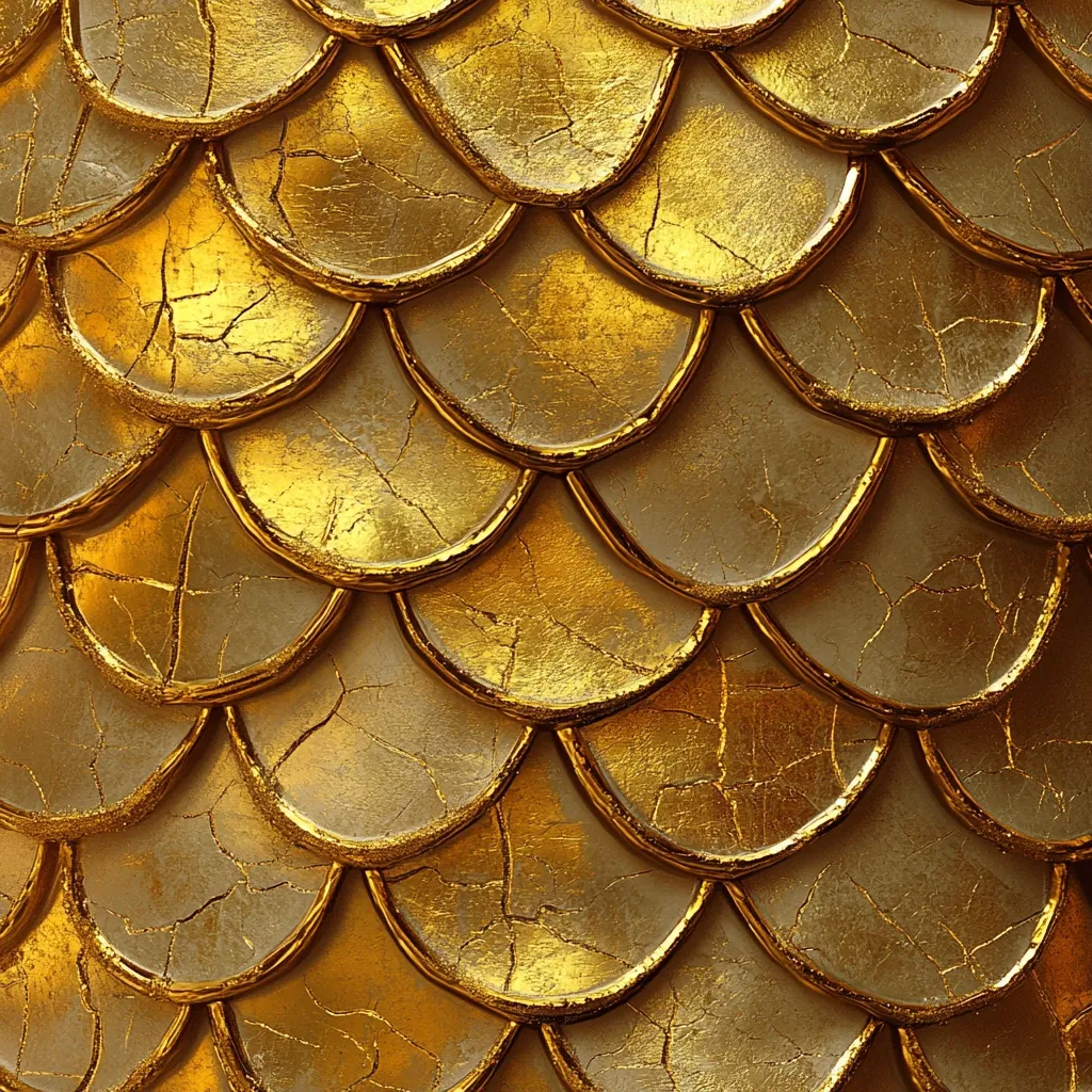 Here's a description of the image:

The image shows a close-up view of a surface textured to resemble overlapping scales, like those of a fish or a dragon. Each scale is semi-circular, with a slightly raised, golden edge outlining a lighter, textured interior.  The gold has a distressed or aged appearance, showing fine cracks in its surface, adding a sense of antiquity or richness. The scales are densely packed, creating a continuous, patterned background.  The overall impression is one of opulence and possibly mythical or symbolic meaning.
