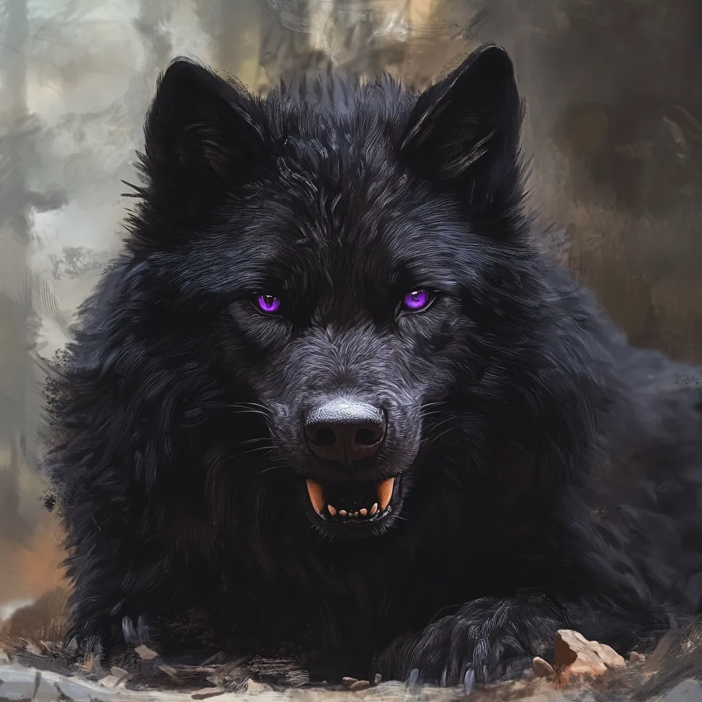 The image depicts a digital painting of a majestic black wolf, its fur thick and dark.  The wolf's gaze is intense, its purple eyes piercing and captivating. Its mouth is slightly open, revealing sharp teeth, hinting at a powerful predator. The background is a blurry, muted forest scene, drawing focus to the wolf's commanding presence. The overall style is dark and slightly mystical, creating a dramatic and intriguing composition.