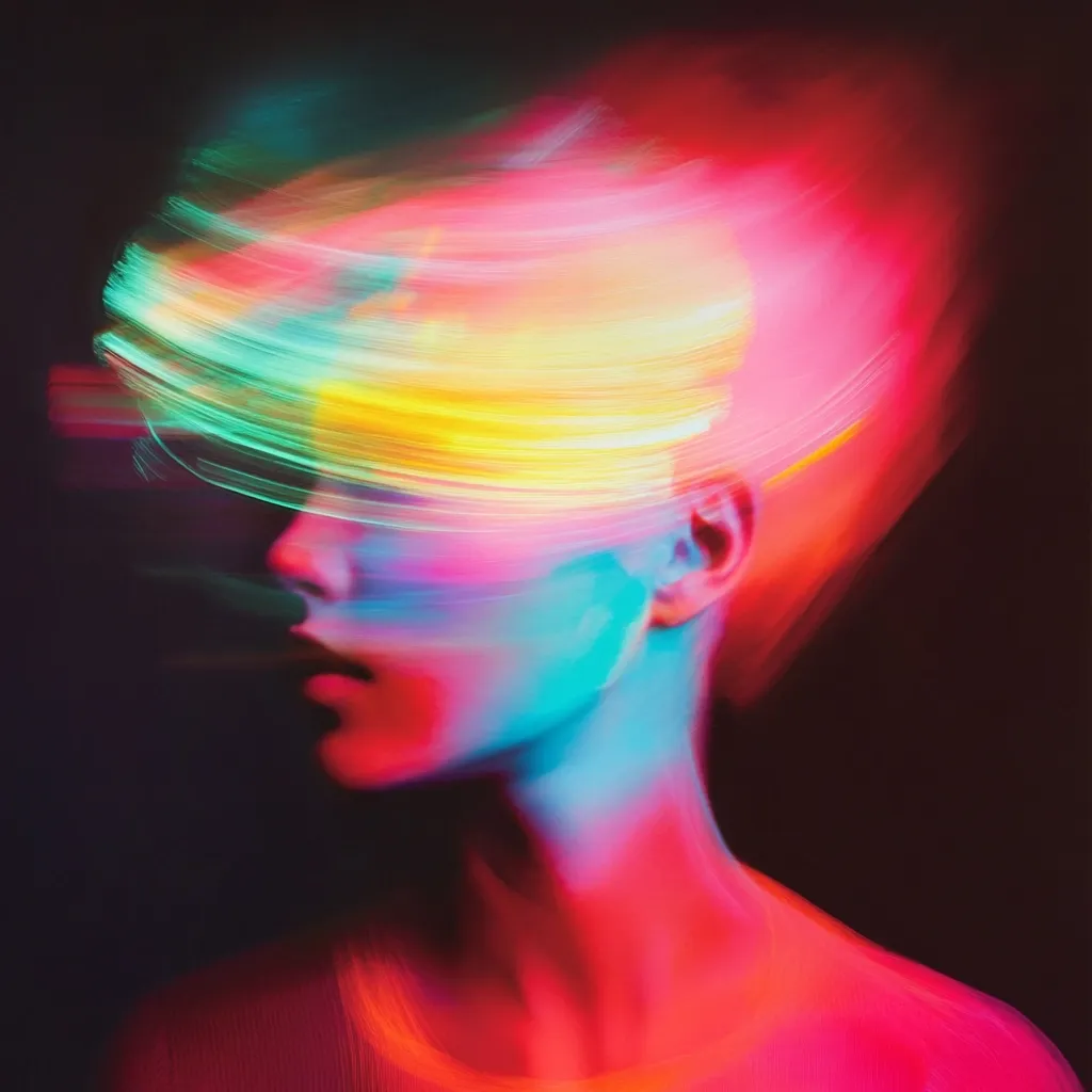 Here's a description of the image:

The image is an abstract portrait of a person, likely female, whose head and shoulders are bathed in vibrant, dynamic light streaks of red, pink, yellow, teal and aqua. The light appears to be motion-blurred, suggesting movement or a long exposure photograph. The face is partially obscured by the streaks of light, creating a sense of energy and mystery. The overall effect is surreal and visually striking, suggesting themes of speed, energy, and perhaps inner turmoil or transformation. The background is dark, making the bright colors of the subject stand out even more.