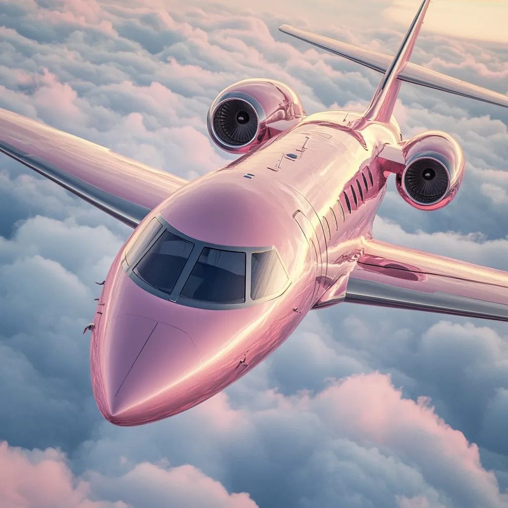 Here's a description of the image:

A rose-gold private jet soars through a fluffy expanse of clouds, bathed in soft, ambient light. The jet's polished fuselage gleams, reflecting the sky.  Its sleek design is modern and luxurious, with visible engines and a spacious cockpit. The overall scene evokes a feeling of opulence and effortless travel, with the pastel color palette adding a touch of dreamlike beauty. The clouds below are a soft pink and white, contrasting beautifully with the jet's metallic finish.
