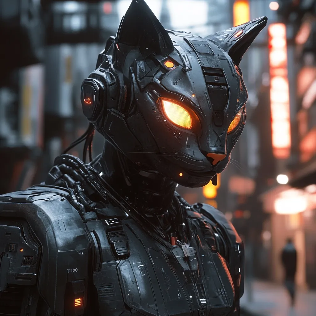 The image showcases a sleek, black robotic cat.  Its helmet, designed with feline features, incorporates glowing orange eyes and intricate mechanical details.  The robot's body is armored in dark, metallic plating, suggesting a futuristic or cyberpunk setting.  It stands against a blurred backdrop of a neon-lit city street, emphasizing the contrast between the robotic figure and its urban environment.  The overall aesthetic is one of advanced technology and stylized design.