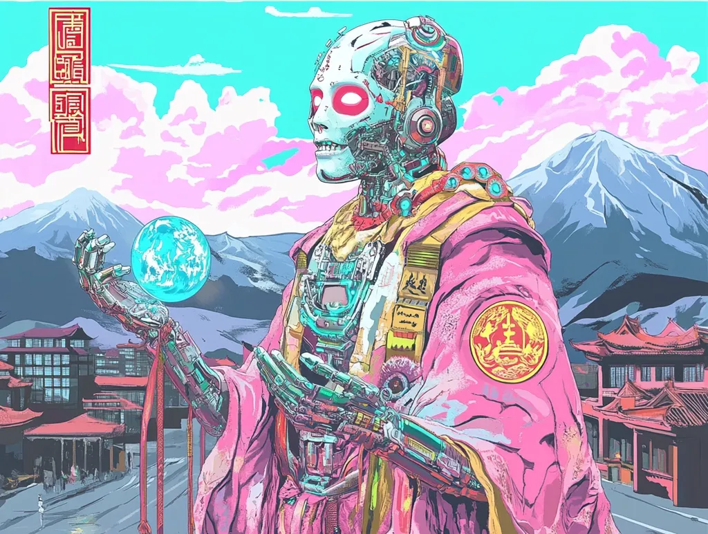 The artwork depicts a robotic figure, seemingly a monk or spiritual leader, clad in a vibrant pink robe adorned with Asian-inspired symbols.  Its metallic body is visible beneath the fabric. The robot delicately holds a glowing blue orb, possibly representing a planet or spiritual energy. The backdrop features a stylized mountainous landscape with traditional Asian architecture, creating a blend of futuristic technology and ancient spirituality. The pastel color palette enhances the surreal and dreamlike quality of the image.  Vertical Chinese characters are present, adding to the Eastern aesthetic.