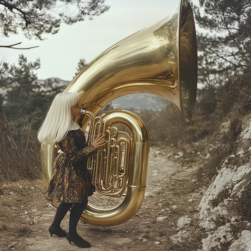 A young girl with long, platinum blonde hair stands beside an enormous, gleaming gold tuba in a rustic, outdoor setting.  She's dressed in a dark, patterned dress and black shoes, appearing to be playing the instrument.  The background features a dry, hilly landscape with sparse vegetation and trees, creating a stark contrast to the bright brass of the tuba. The scene has a somewhat surreal and artistic quality.