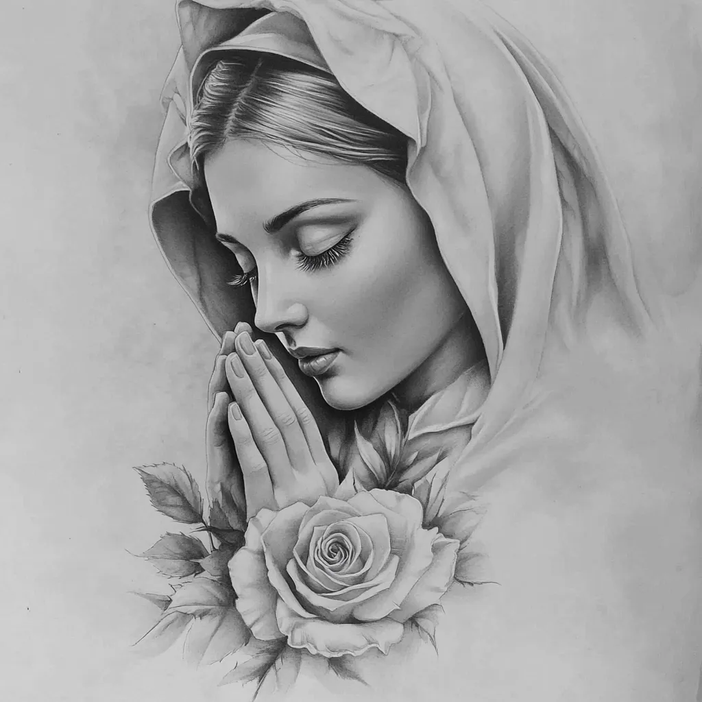 Here's a description of the image:

The grayscale drawing depicts a serene woman, cloaked in a hooded veil, her hands clasped in prayer.  Her eyes are gently closed, conveying a sense of devotion and peace.  The woman's features are delicately rendered with shading that emphasizes her soft expression.  A single, exquisitely detailed rose blooms at her hands, adding to the image's peaceful and spiritual aura. The overall style is realistic, with attention to fine details in both the woman's face and the flower. The composition focuses on the woman's head and shoulders, creating an intimate and contemplative mood.