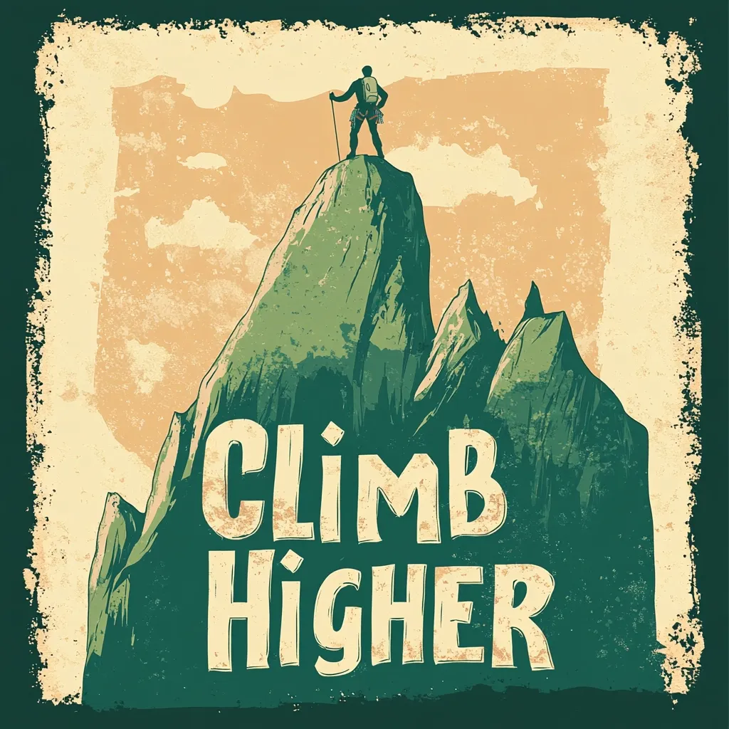 Here's a description of the image:

The image is a vintage-style poster featuring a hiker silhouetted atop a mountain peak. The climber stands with a staff, gazing out at a pale, cloudy sky. The mountains are depicted in shades of green and brown, with a textured, hand-drawn feel.  The words "CLIMB HIGHER" are prominently displayed in a stylized, distressed font at the base of the mountain, adding a motivational message. The overall aesthetic evokes a sense of adventure and the pursuit of personal goals.  The poster's edges have a rough, distressed texture, contributing to its vintage appeal.