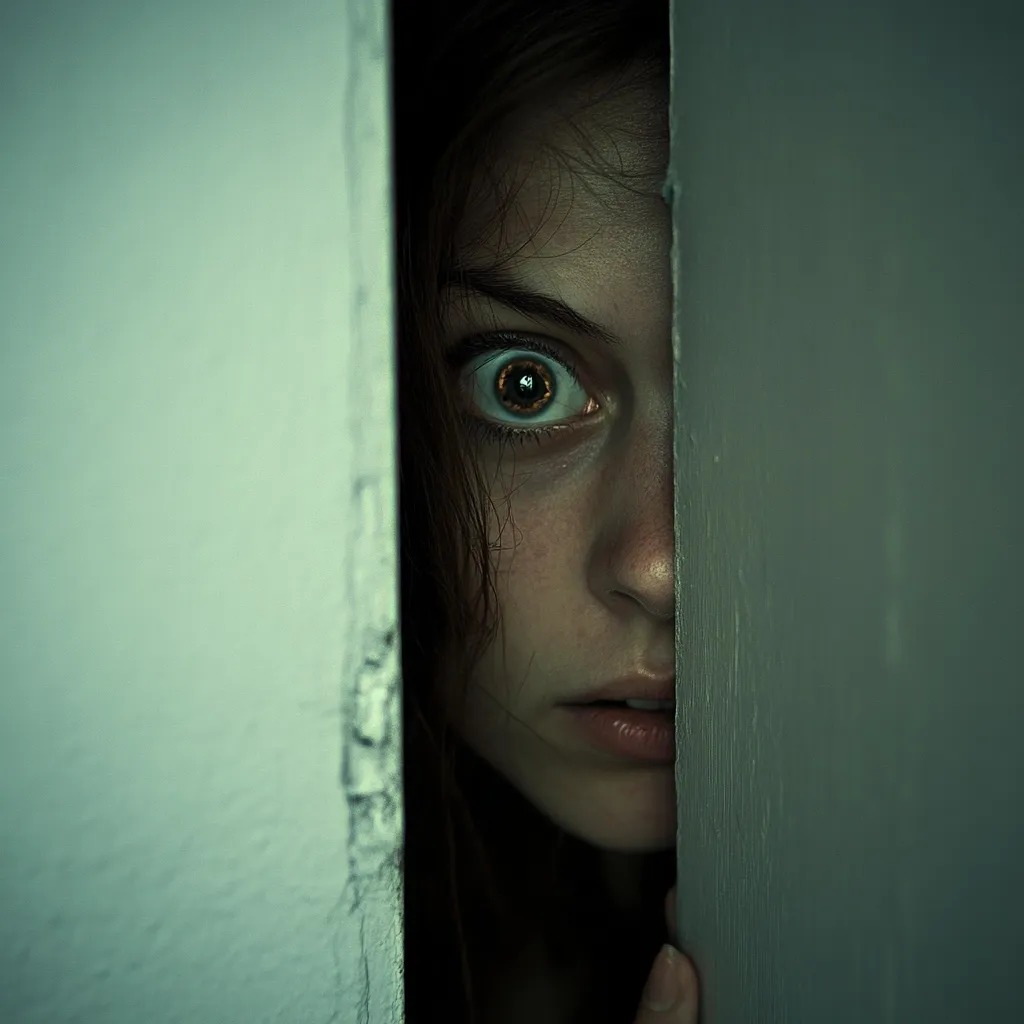 A young woman's face is partially visible, peering from behind a narrow gap between two walls. Her wide, fearful eyes and slightly open mouth convey intense fright or shock.  Only one eye is fully seen, accentuated by dramatic lighting.  The overall mood is dark and suspenseful, suggesting a feeling of being trapped or threatened.  The image's focus is on her expression, creating a sense of unease and mystery.