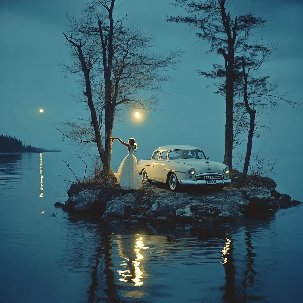 A serene night scene unfolds on a small, rocky island nestled in a calm lake.  A woman in a flowing white gown stands gracefully near a vintage, light-colored car, her arm outstretched towards a luminous object in a tree.  Two bare trees frame the scene against a twilight sky, punctuated by a moon and what appears to be a lantern or light source. The reflection of the island, car, and lights dance beautifully on the still water. The overall mood is romantic and evocative.