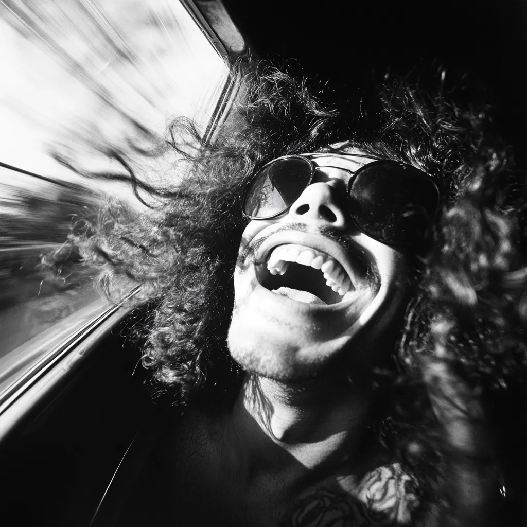 Here's a description of the image:

The black and white photograph captures a man with long, curly hair, wearing sunglasses, laughing exuberantly. His mouth is wide open, revealing his teeth, and his hair is wildly blown back, suggesting rapid movement, possibly from a moving vehicle. The blurred background reinforces this sense of speed, creating a dynamic and energetic composition.  The overall mood is one of unrestrained joy and freedom. The image has a gritty, almost vintage feel.