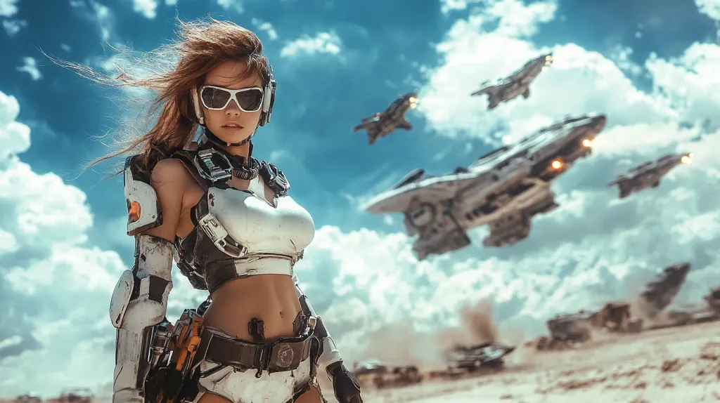 A striking female figure, clad in futuristic white and grey armor, stands defiantly against a backdrop of a dramatic sky. Her windswept brown hair and sunglasses add to her confident demeanor.  Several military-style aircraft soar overhead, creating a sense of action and impending conflict. The setting appears to be a desolate, sandy landscape, hinting at a post-apocalyptic or sci-fi environment. The overall image is highly stylized, with vibrant colors and a strong cinematic feel.