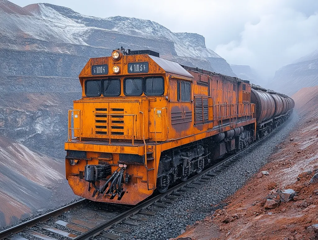 A weathered orange locomotive pulls a long train of tanker cars along a railway carved into a steep, ochre-colored hillside.  The backdrop reveals a vast open-pit mine, its terraced slopes dusted with snow under a gray, overcast sky.  Rain or snow lightly coats the train and the surrounding landscape, creating a dramatic and somewhat desolate atmosphere. The train appears to be transporting ore from the mine.