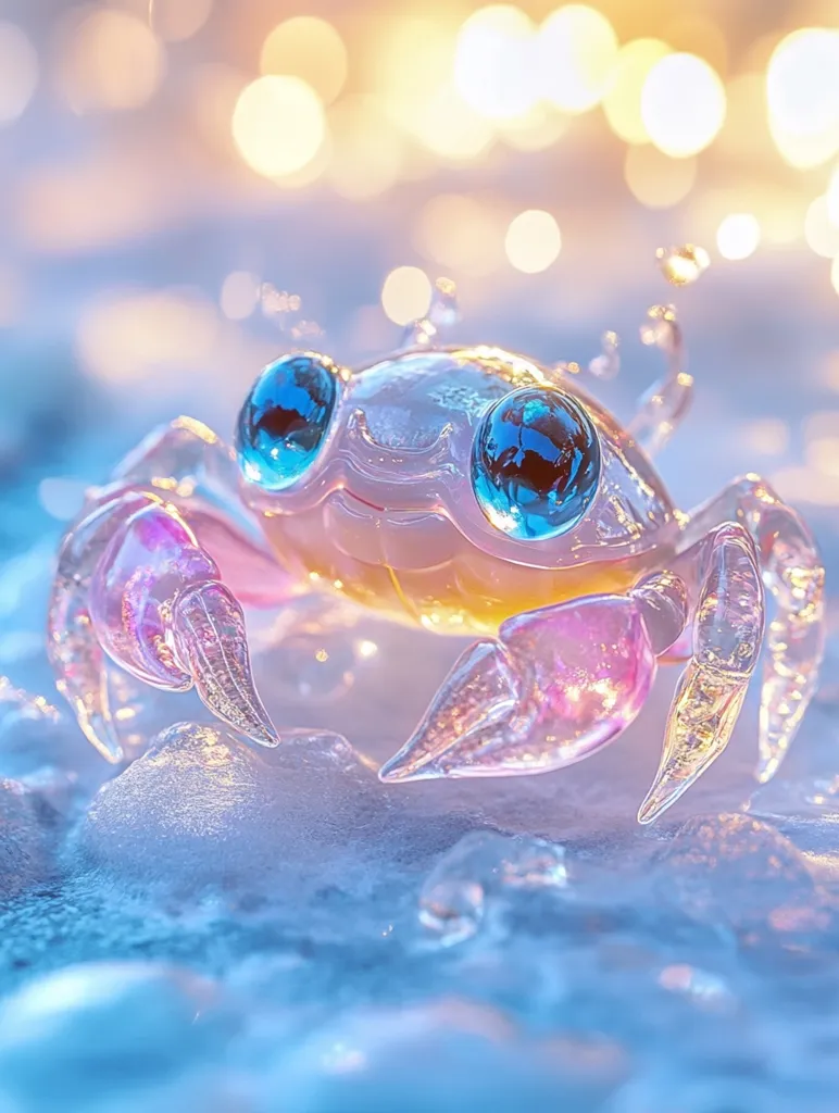 A whimsical, translucent crab with large, bright blue eyes is depicted in a digitally created image.  Its body appears crafted from glass or a similar ethereal material, shimmering with pastel pink and white hues.  The crab is partially submerged in a bubbly, light blue liquid, set against a softly blurred background of warm-toned bokeh lights, suggesting a sun-drenched, watery environment. The overall effect is dreamy and enchanting.