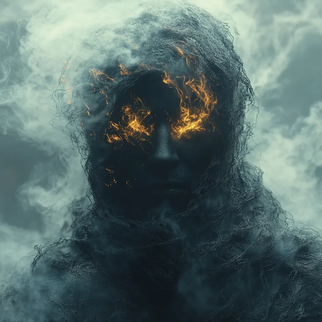 A digital artwork depicts a shrouded figure, partially obscured by a dark, net-like material and swirling smoke.  The figure's face is partially visible, with fiery, orange embers glowing in the eye sockets. The overall mood is dark, mysterious, and somewhat menacing, suggesting a supernatural or otherworldly being. The contrast between the dark shroud and fiery eyes creates a dramatic visual effect.