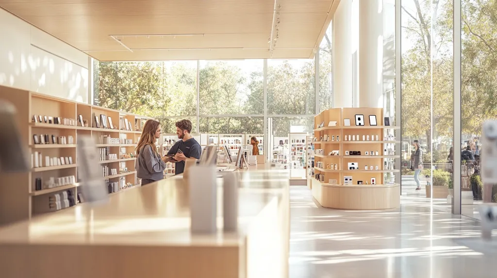 Here's a description of the image:

The image shows the bright, airy interior of a modern retail store, possibly an Apple Store.  Sunlight streams through large floor-to-ceiling windows overlooking a tree-lined area.  Two customers are interacting with a staff member at a light wood counter.  Neatly organized shelves filled with various products line the walls. The overall aesthetic is minimalist and sophisticated, emphasizing clean lines and natural light.  Other customers are visible through the windows, strolling outside.  The flooring appears to be polished concrete.