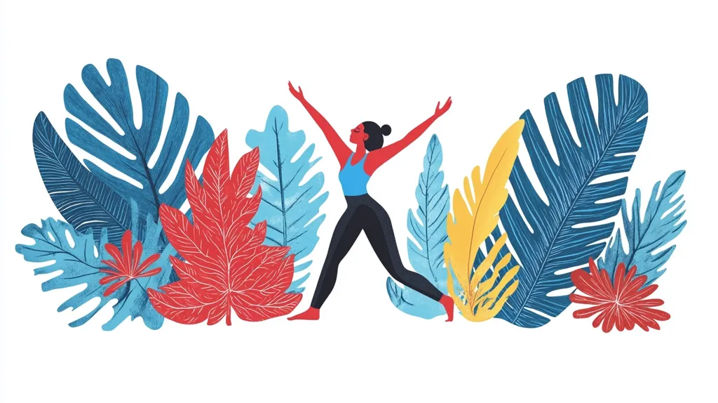 Here's a description of the image:

A stylized illustration depicts a woman with dark skin and dark hair pulled back in a bun, performing a dynamic yoga pose or dance move. Her arms are raised, and she's wearing a blue top and dark leggings. She is positioned centrally amongst vibrantly colored tropical leaves rendered in shades of blue, red, and yellow. The style is bold and flat, with a textured, slightly hand-drawn quality to the leaves and the woman's figure. The background is pure white, making the colors pop. The overall impression is one of energy, vitality, and connection with nature.