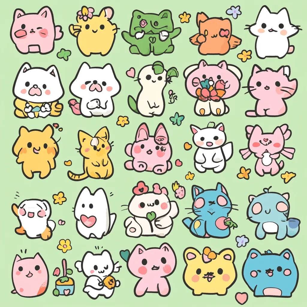 Here's a description of the image:

The image showcases a collection of 30 adorable, cartoonish cat illustrations.  Each cat is uniquely designed with varying colors, expressions, and accessories like flowers or hearts.  They are presented in a grid pattern against a pastel green background, sprinkled with small flowers.  The overall style is cute and playful, reminiscent of kawaii aesthetic. The cats are depicted in various poses, some sitting, some standing, conveying a sense of cheerful innocence.