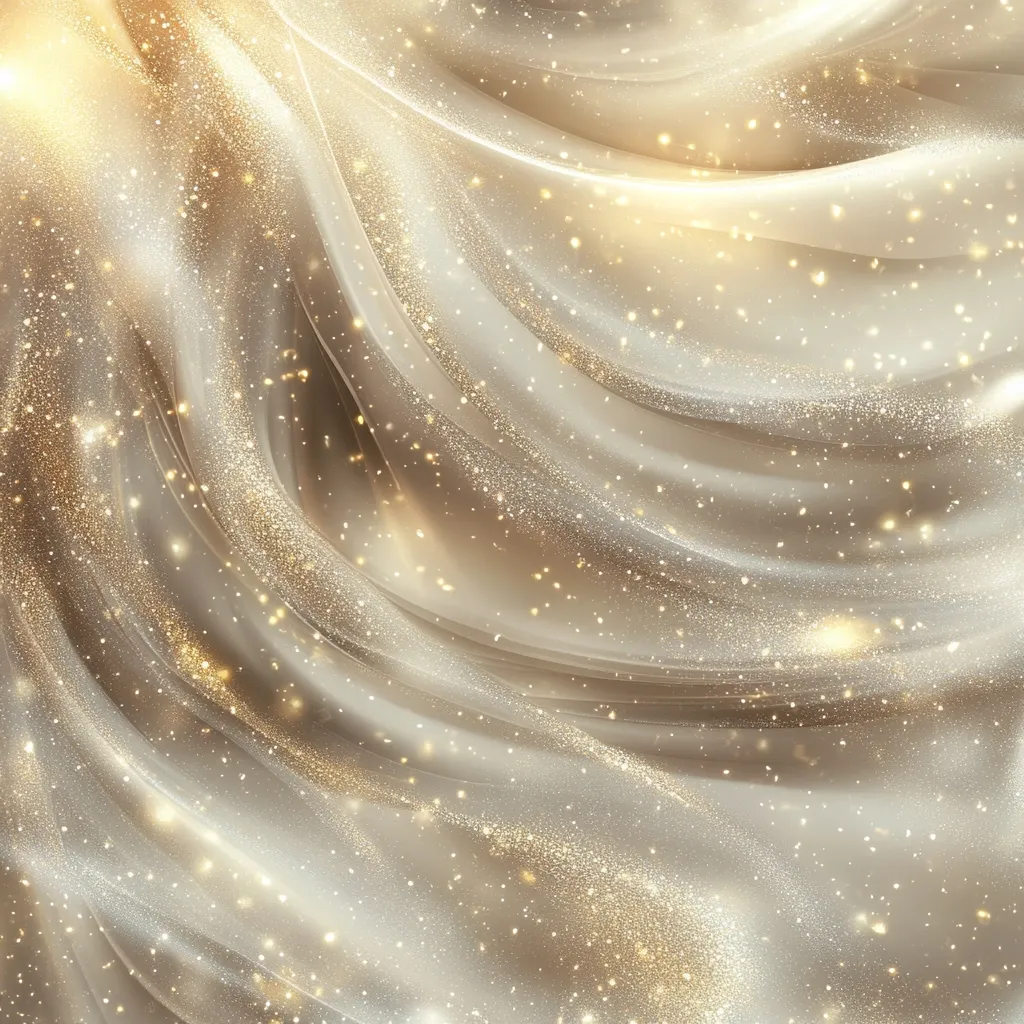 The image showcases a luxurious, flowing fabric, possibly silk or chiffon, in shades of champagne and gold.  The material is draped in soft, elegant curves, creating a sense of movement and depth.  Scattered throughout the fabric are shimmering gold particles, resembling glitter or sparkles, enhancing the opulent and festive atmosphere. The overall effect is one of radiant luxury and sophistication.