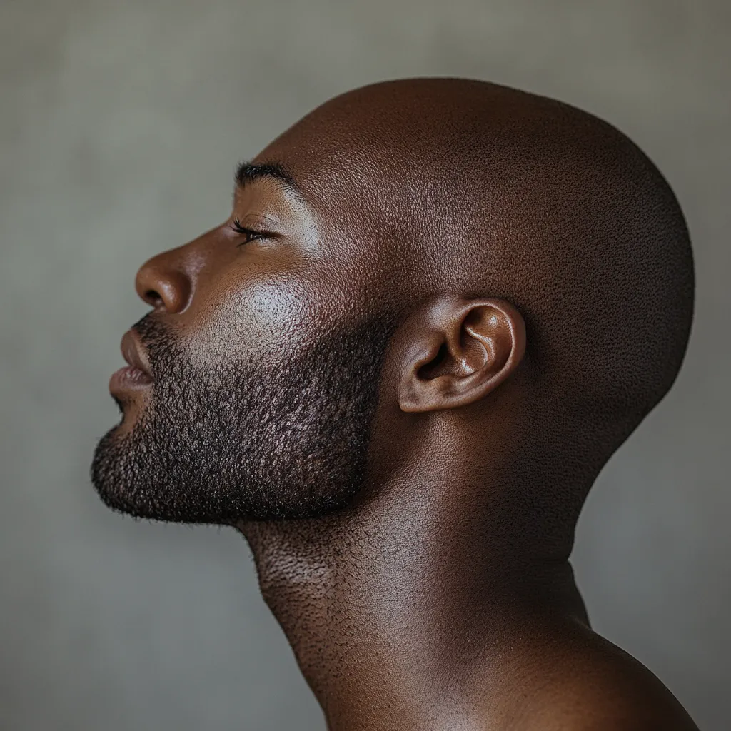 Close-up profile view of a bald, dark-skinned man with a short, well-groomed beard. His eyes are closed, and his head is tilted slightly upward, suggesting a serene or meditative state. The image focuses on the texture of his skin and the subtle shadows on his face, highlighting his strong jawline and the shape of his head and neck. The background is a muted gray, drawing all attention to the subject. The overall mood is calm and contemplative.