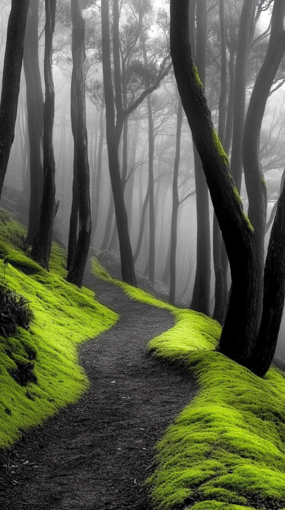 A winding path, edged with vibrant green moss, snakes through a misty forest.  Tall, dark trees stand closely together, their trunks stark against the muted grayscale background. The fog adds a mystical, ethereal quality to the scene, creating a sense of peace and solitude.  The bright green moss provides a striking contrast, drawing the eye along the path into the depths of the woods.