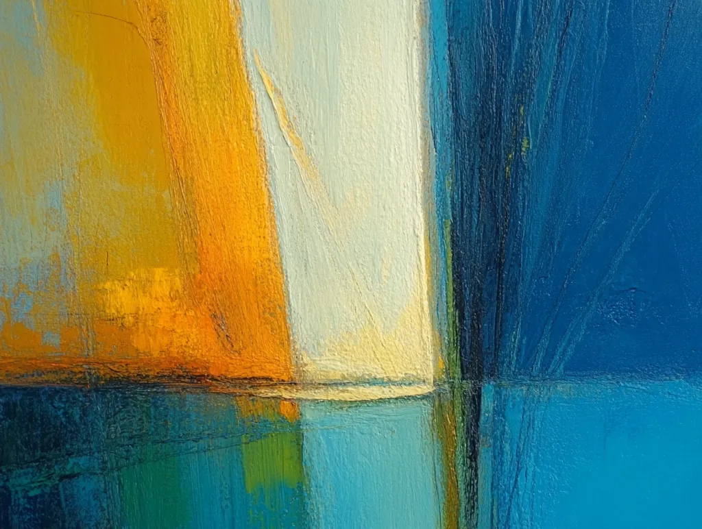 This abstract painting features a vibrant palette of blues, oranges, and yellows, applied with visible brushstrokes.  Thick layers of paint create texture, suggesting depth and movement.  Geometric shapes, primarily rectangular, are loosely defined, overlapping and interacting.  A central vertical line, dark and almost graphic, divides the piece, contrasting with the more fluid horizontal sections. The overall impression is one of energy and a sense of calm coexisting.