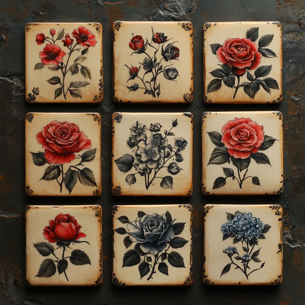 Nine square tiles, arranged in a three-by-three grid, are displayed against a dark background. Each tile features a hand-painted floral design in muted tones on a cream background. The flowers depicted include red roses, a cluster of smaller blossoms, and a blue hydrangea, all rendered in a vintage style with dark outlines. The tiles' aged cream color and decorative borders enhance their antique aesthetic.  The overall arrangement is neat and visually appealing.