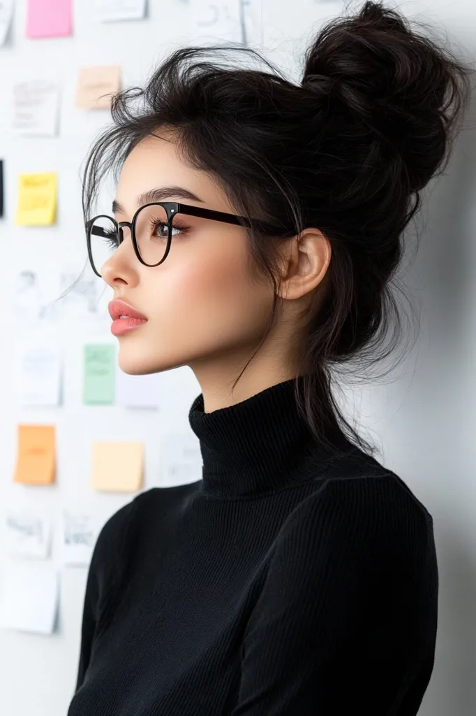 Here's a description of the image:

The photo shows a young woman in profile, her face turned slightly to the left. She has dark hair styled in a messy bun, and wears round, black-rimmed glasses.  Her makeup is subtle and enhances her features. She's wearing a black turtleneck sweater, giving a sophisticated and minimalist look. The background is blurred but shows a white wall covered in colorful sticky notes, suggesting a workspace or office environment.  The overall impression is one of stylish simplicity and understated elegance.
