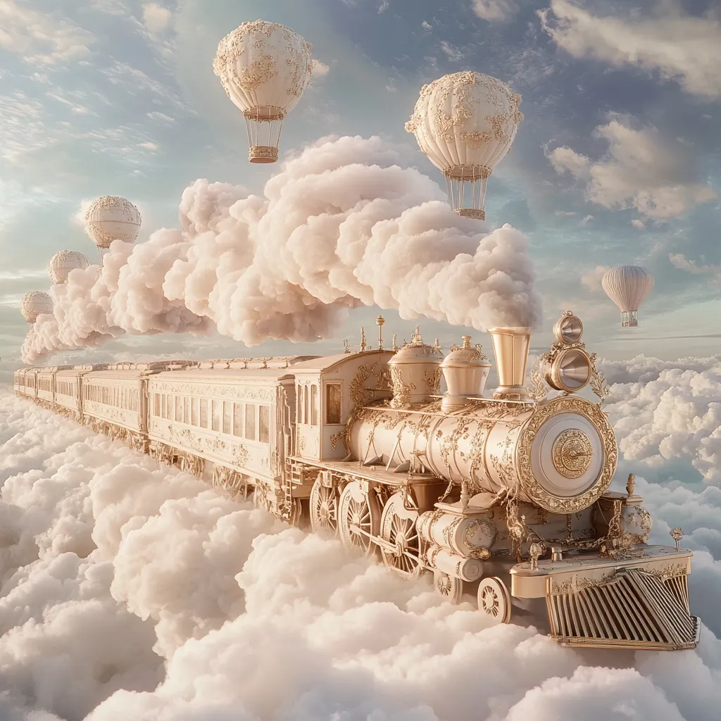 A whimsical, ornate, cream-colored steam train chugs through a fluffy sea of clouds.  Several delicate, lace-like hot air balloons drift nearby under a pastel sky. The train, adorned with gold detailing, appears elegant and fantastical, suggesting a journey to a dreamlike destination. The overall scene is serene and ethereal, evoking a sense of wonder and possibility.