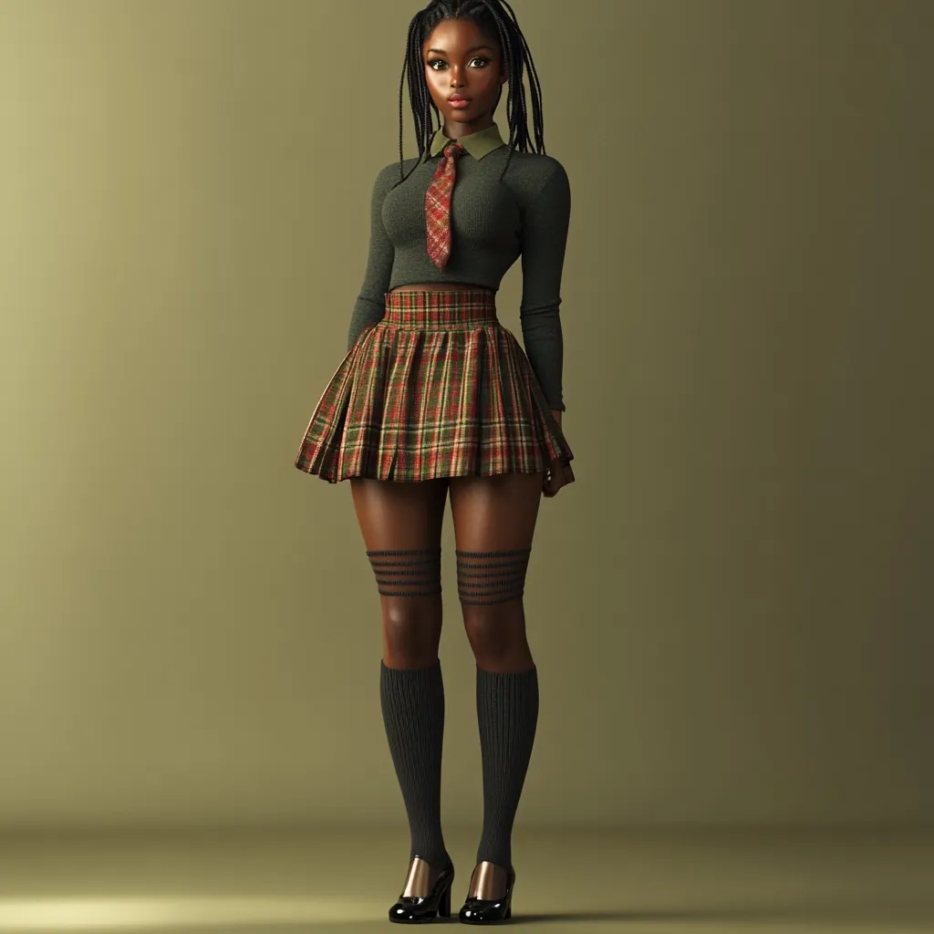 A stylized digital rendering of a young Black woman. She's depicted in a schoolgirl-esque outfit: a dark gray long-sleeved sweater, a pleated plaid skirt in autumnal tones, black knee-high socks with thin stripes, and black shoes.  Her dark hair is styled in long braids, and she wears a dark red tie. The backdrop is a muted olive green. The image has a slightly retro or vintage aesthetic.
